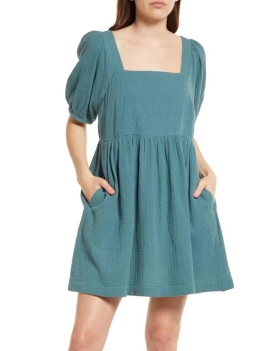 Madewell Lightspun Square-Neck Puff-Sleeve Mini Dress Teal Size Large